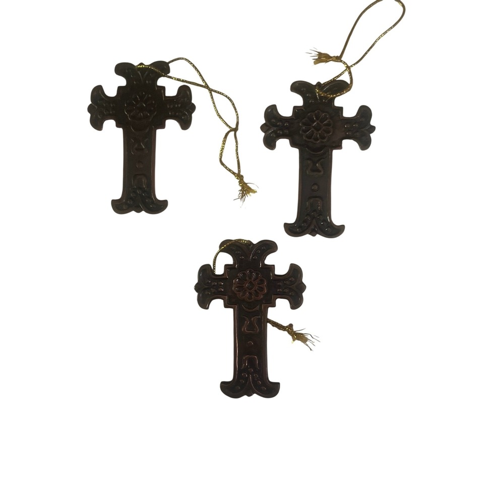 Set of 3 Brown Metal Cross Ornaments Floral Embossed Religious Decor 4.5 Inch